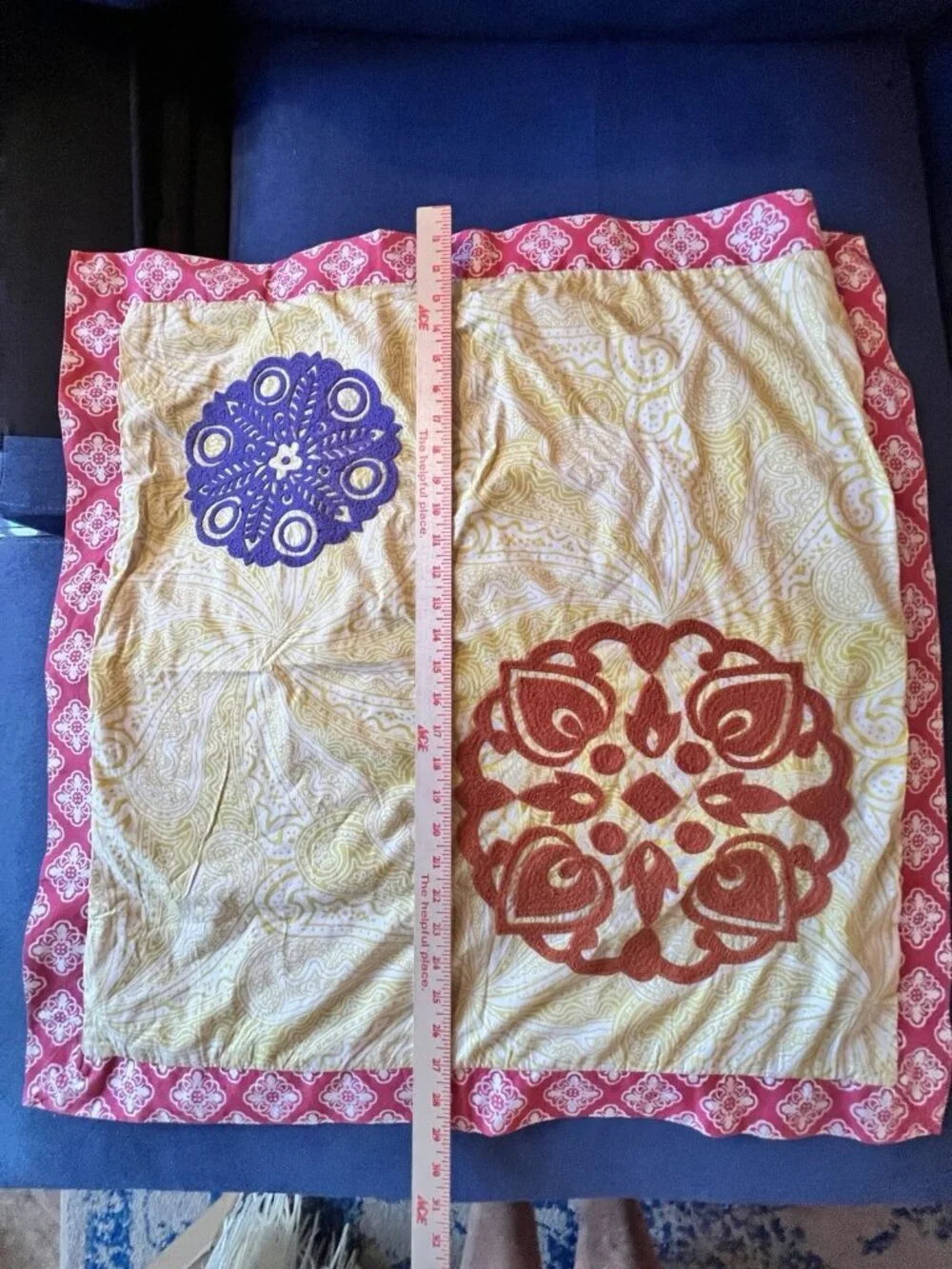 Boho EURO 2 Sham Set Cotton Floral Patchwork Embroidery Style & Co Blue Yellow